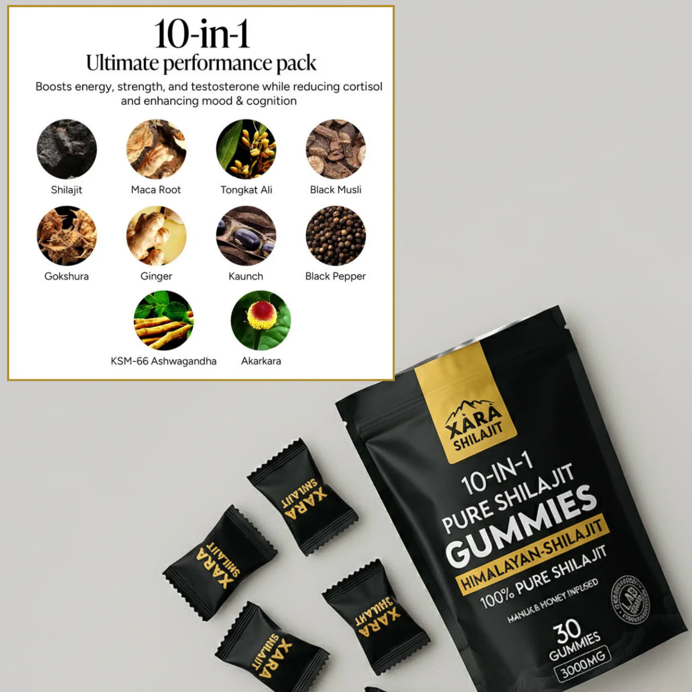 XARA SHILAJIT® 10 in 1 Alpha Gummies + Zeolite Binder Combo - Image 3